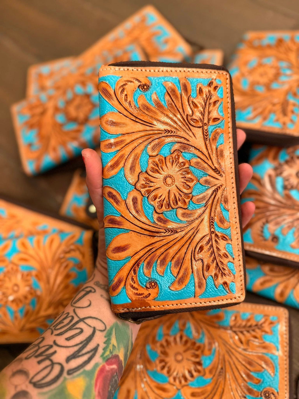Tan and turquoise tooled leather Wallet