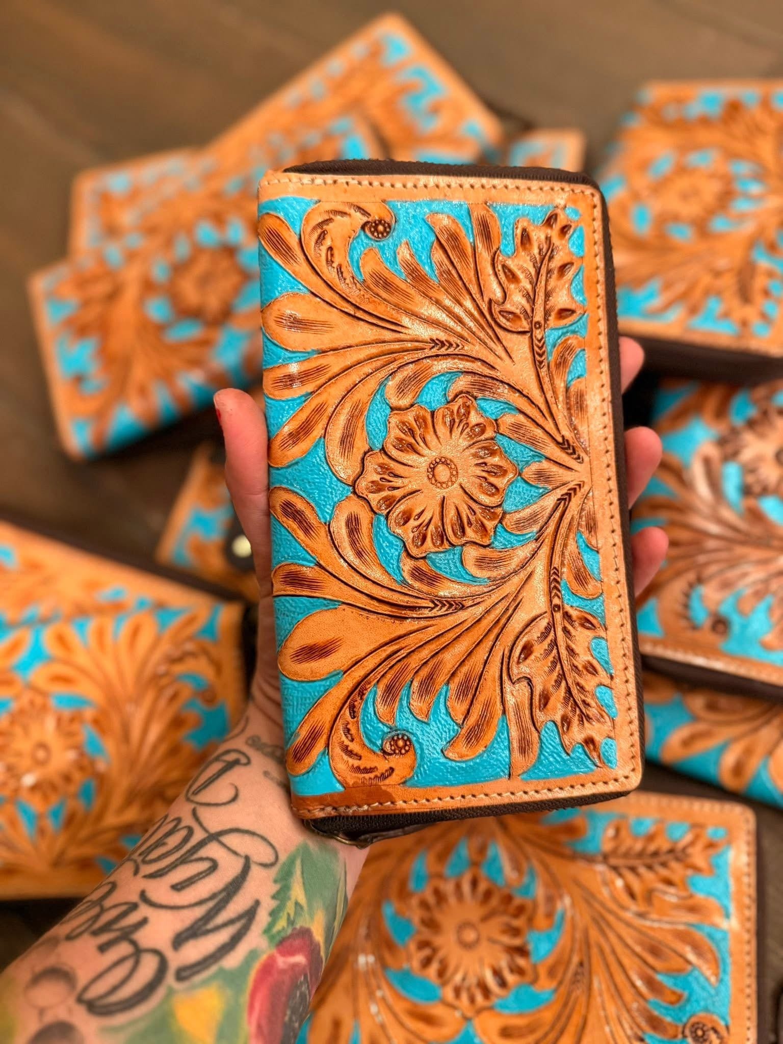 Tan and turquoise tooled leather Wallet
