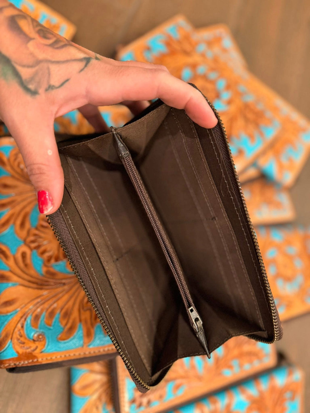 Tan and turquoise tooled leather Wallet