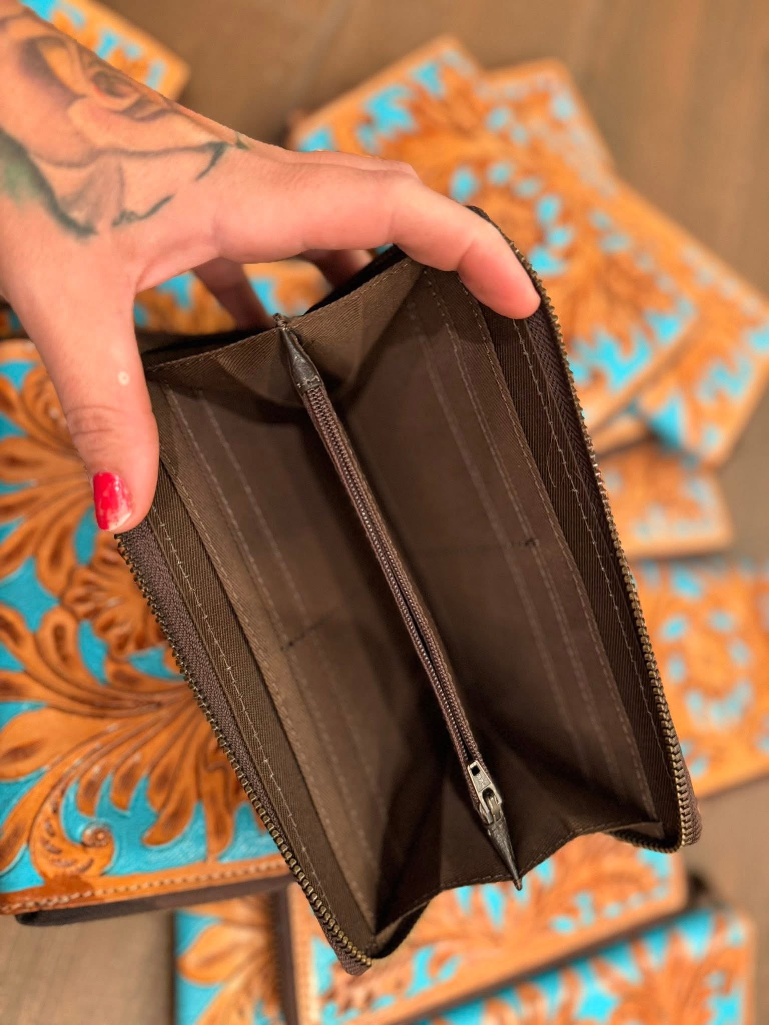 Tan and turquoise tooled leather Wallet