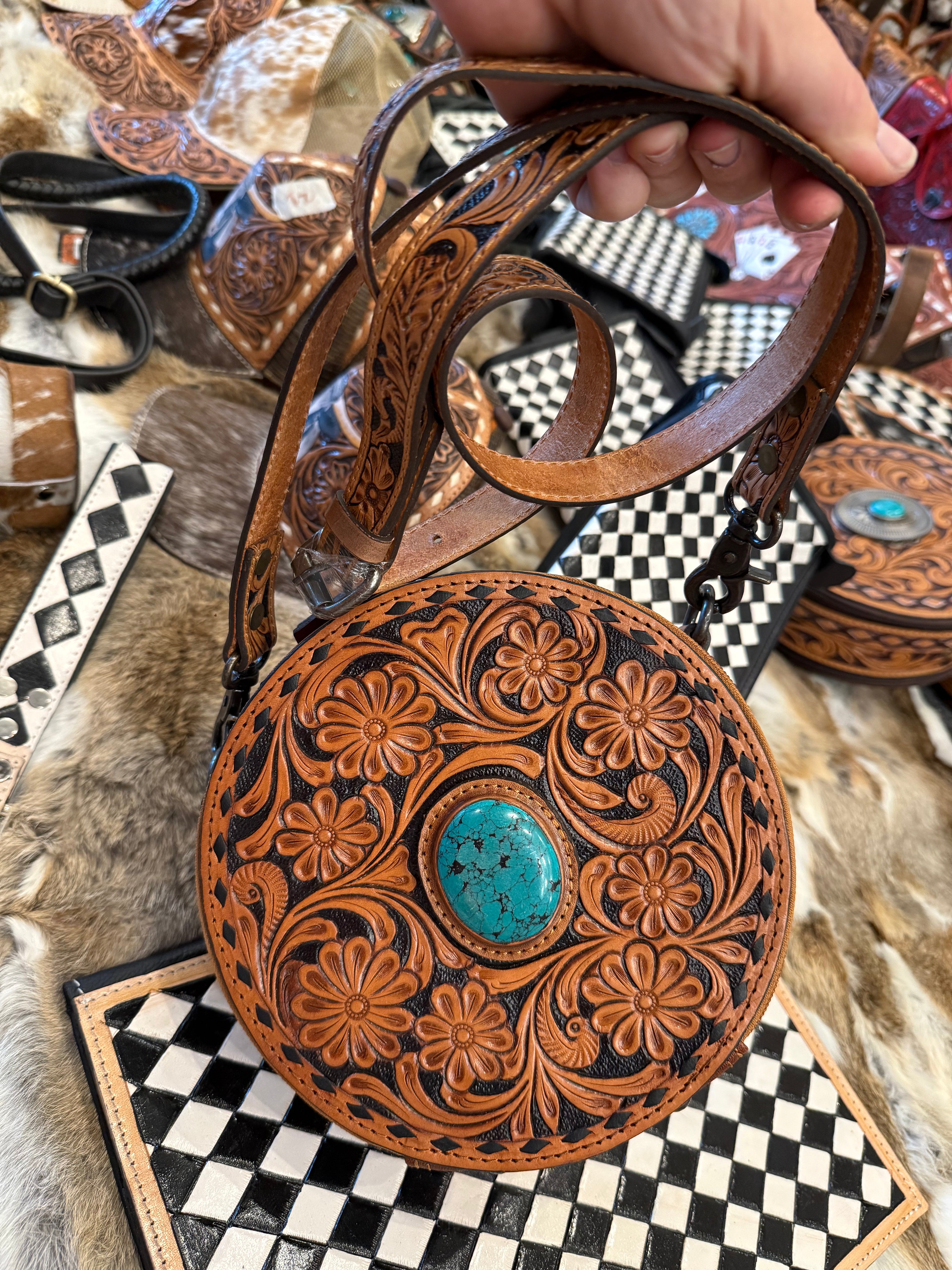 Brown tooled leather - turquoise Canteen