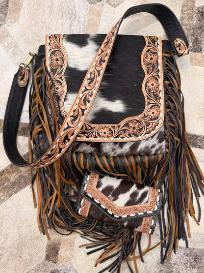 Tooled fringe cross body comes with free wallet and card holder