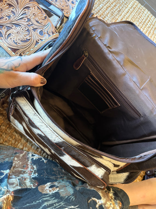 Tooled leather bookbag brown leather