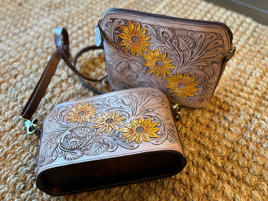Sunflower tooled leather crossbody no fringe