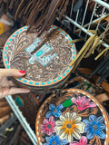 Tooled thunderbird leather canteen purse
