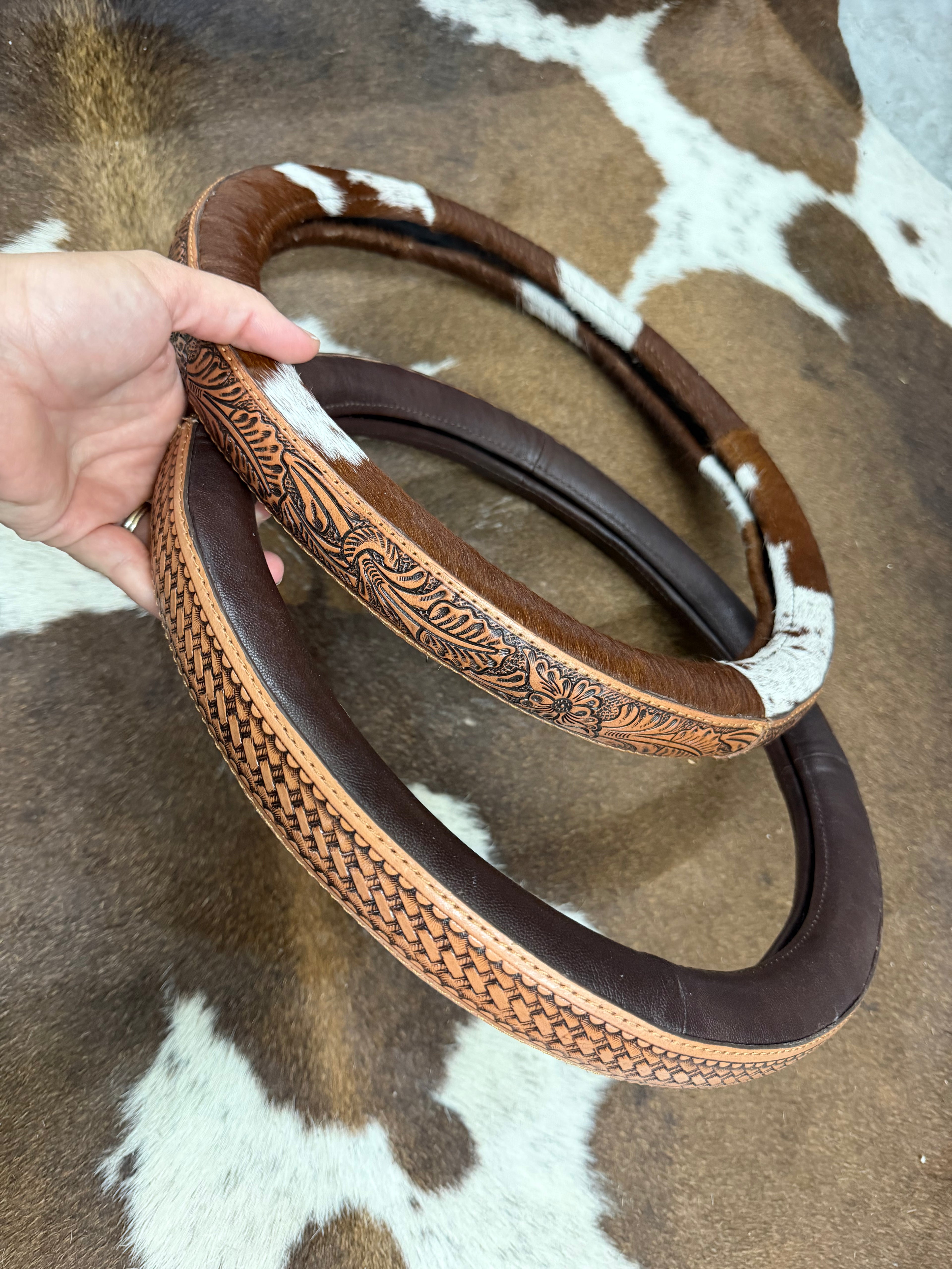 14.25“ tooled leather cowhide steering wheel cover read description before purchase
