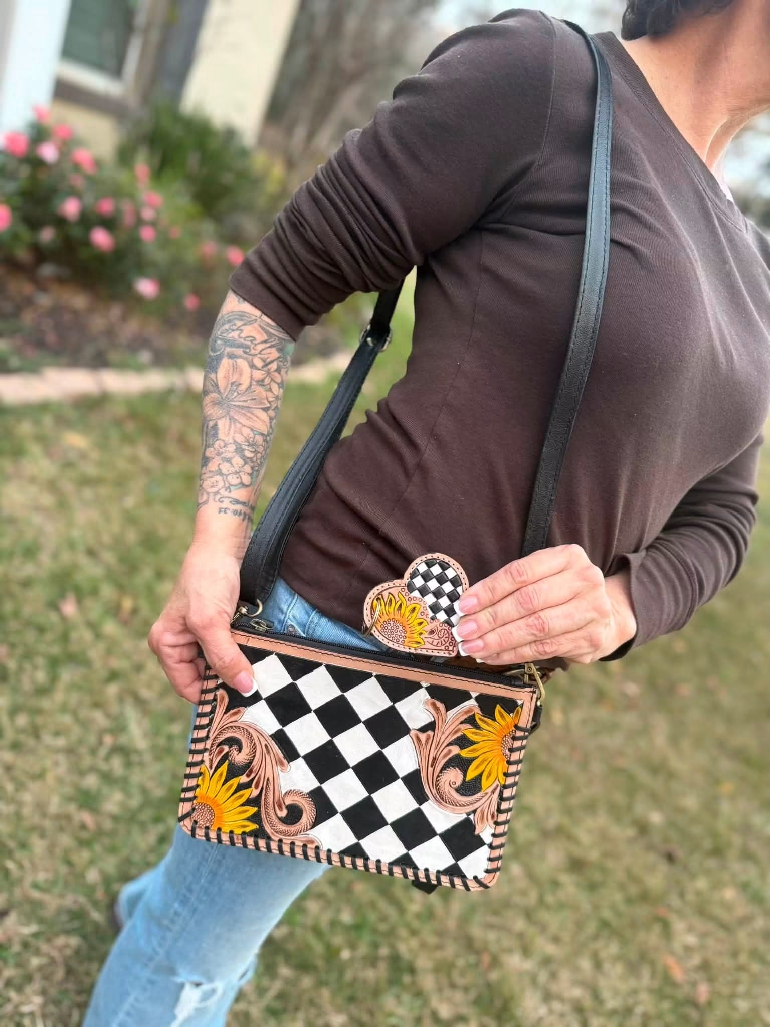 “Checkered Sunflower” crossbody with keychain