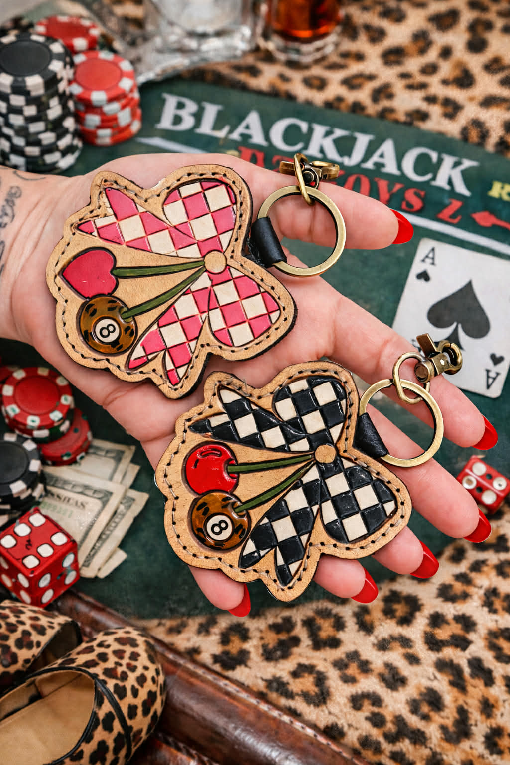 Cherry and 8 ball cheetah checker bow Keychain