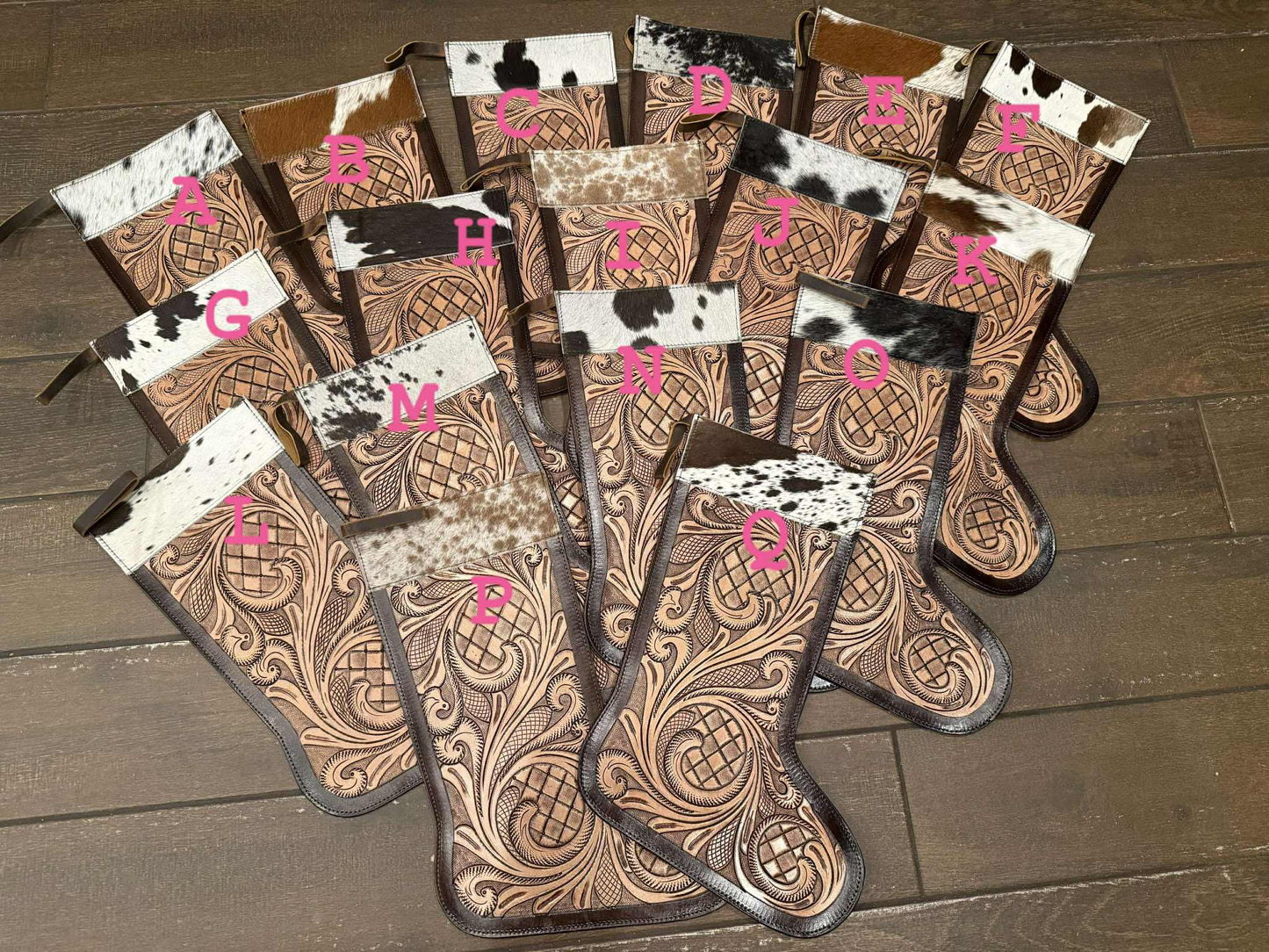 Tooled Leather / Cowhide 16” stockings - does not include engraving!! read details