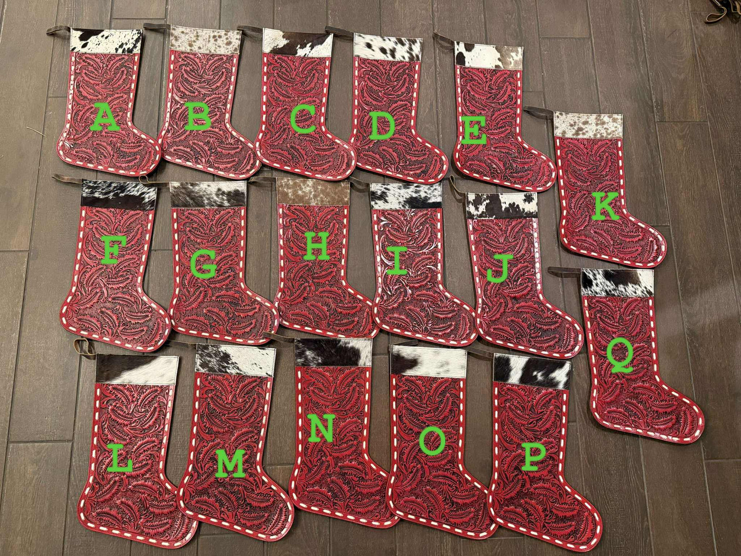 Red tooled leather Stockings/ cowhide - does not include engraving,  please read description