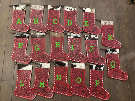 Red tooled leather Stockings/ cowhide - does not include engraving,  please read description