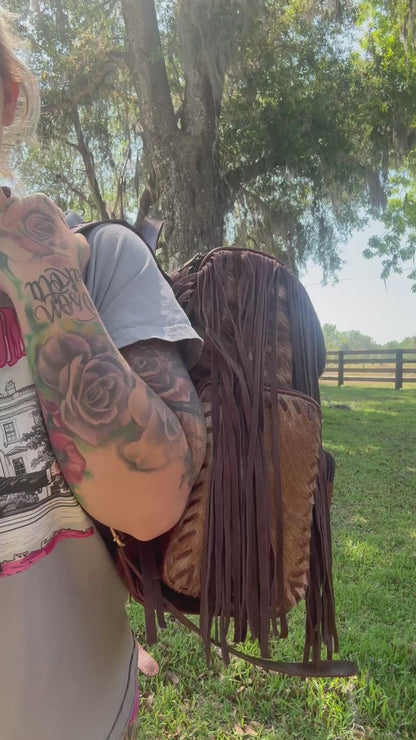 Engraved bookbag with fringe