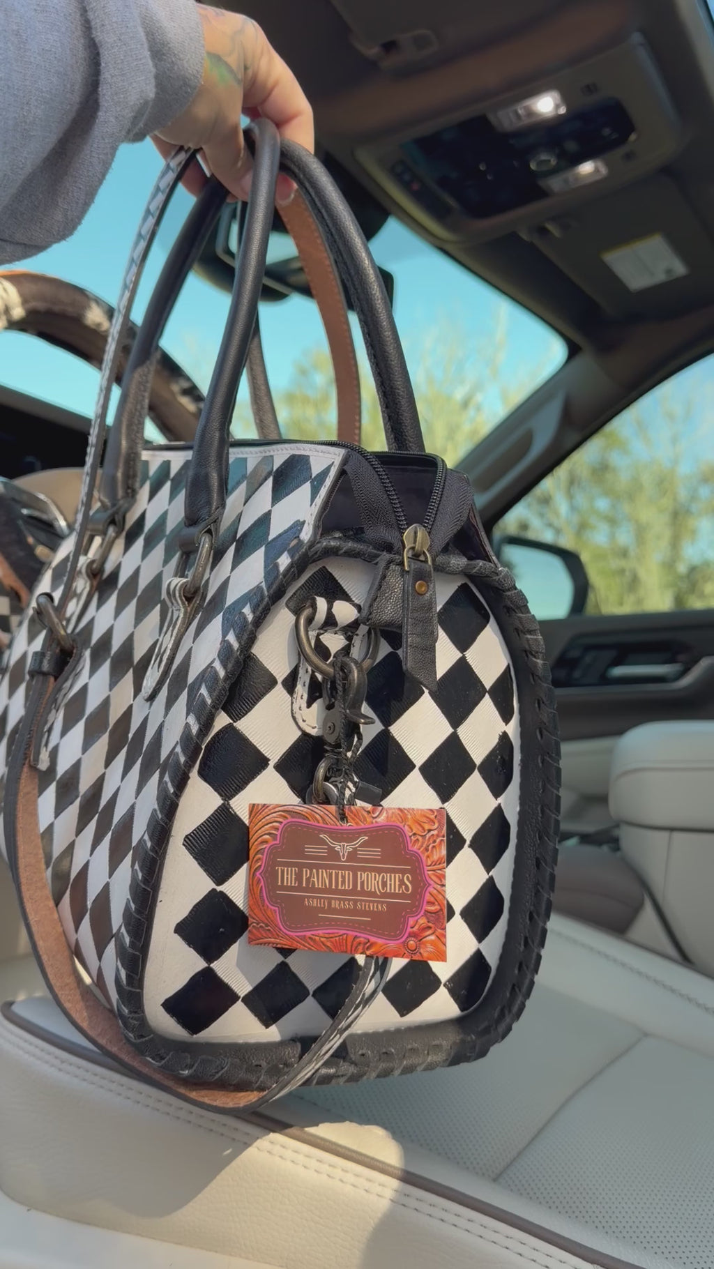 High-quality  checker, print, hand-painted tooled leather speedy (Medium)