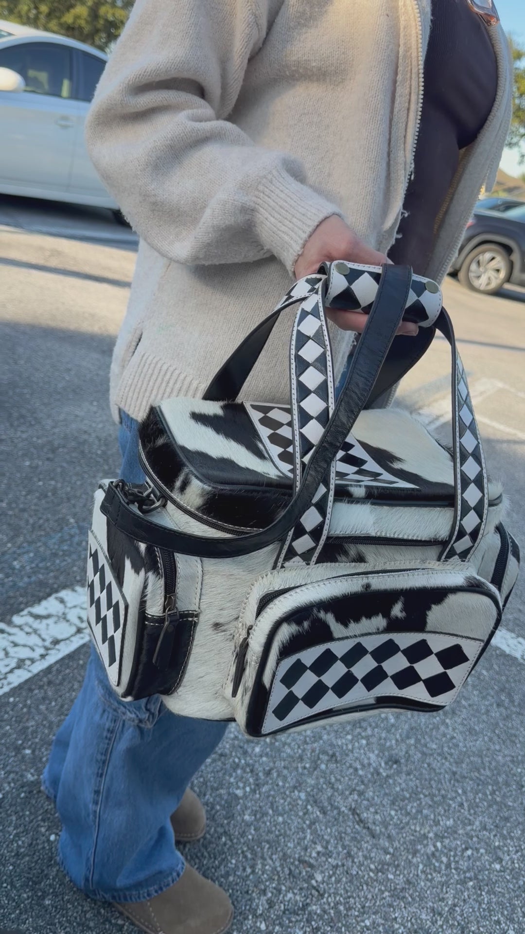 CHECKER TOOLED leather/ cowhide Lunch bag