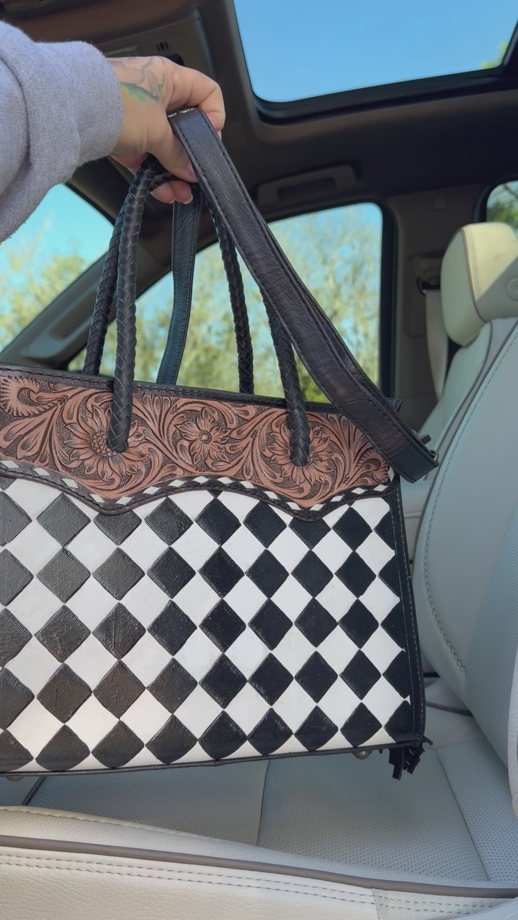The “Charlotte” tooled fringe tote checker  bag - by the Painted Porches