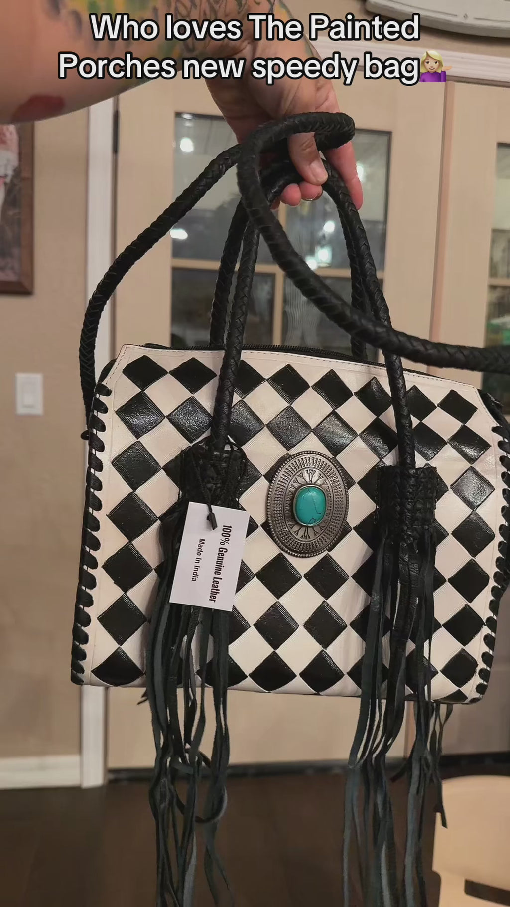 Checker fringe Med/large HAND-PAINTED ARGENTINA LEATHER SPEEDY (very high-quality) exclusive to the painted porches