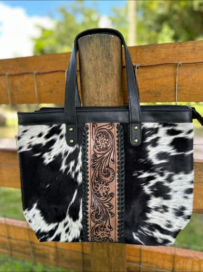 Tooled leather and cowhide totebag