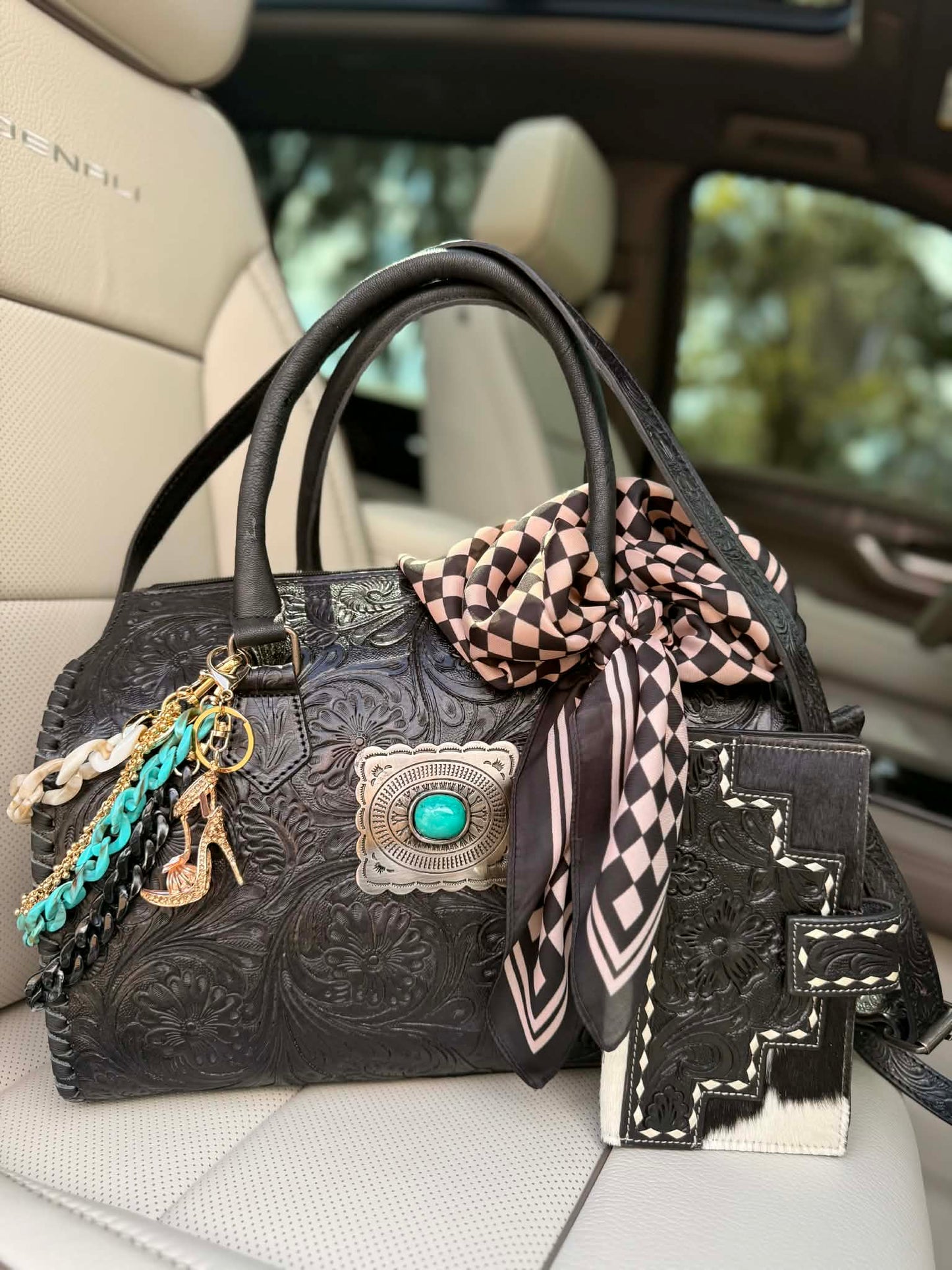 "Turquoise after Dark" - black tooled leather speedy duffle