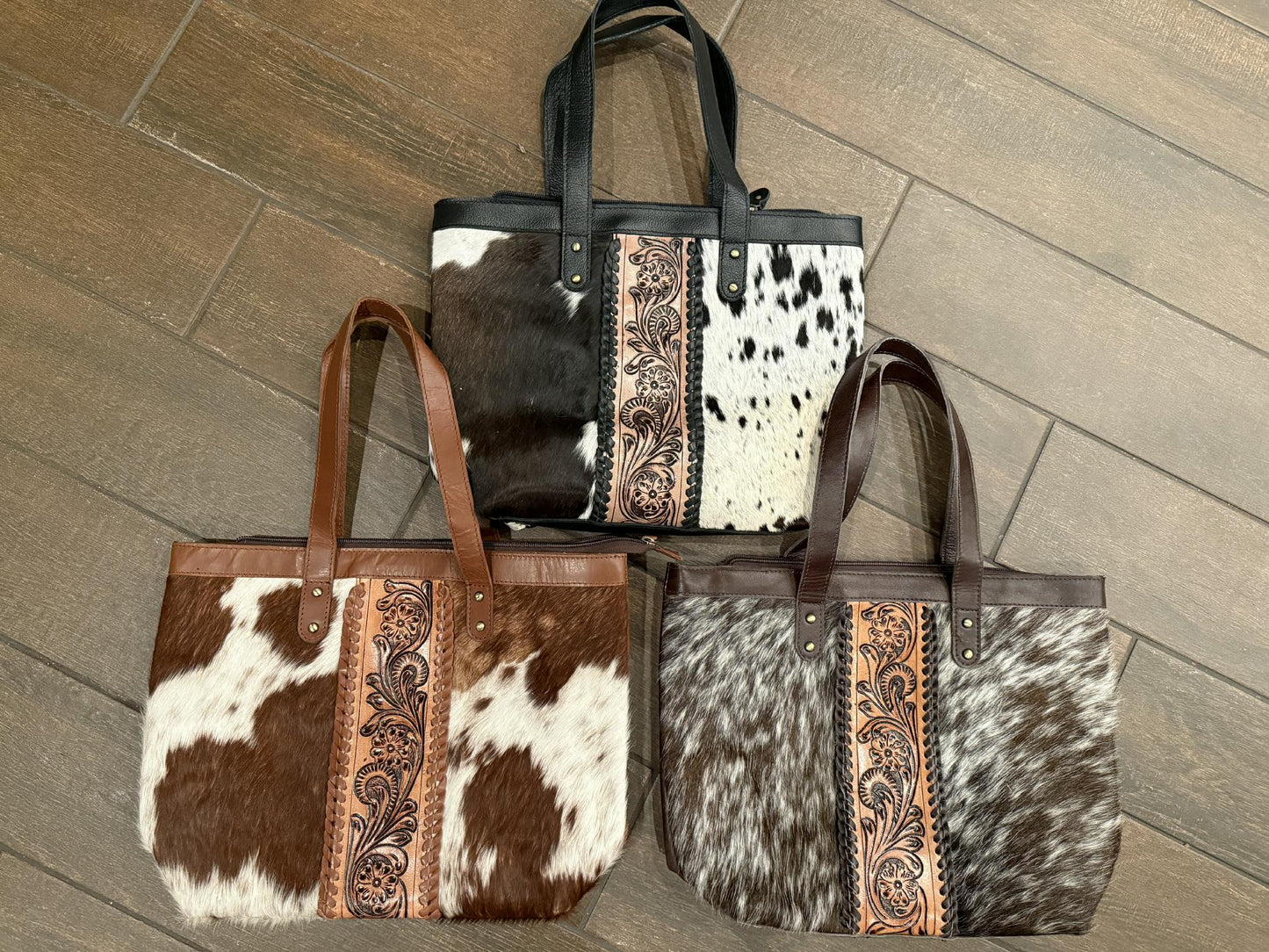 Tooled leather and cowhide totebag