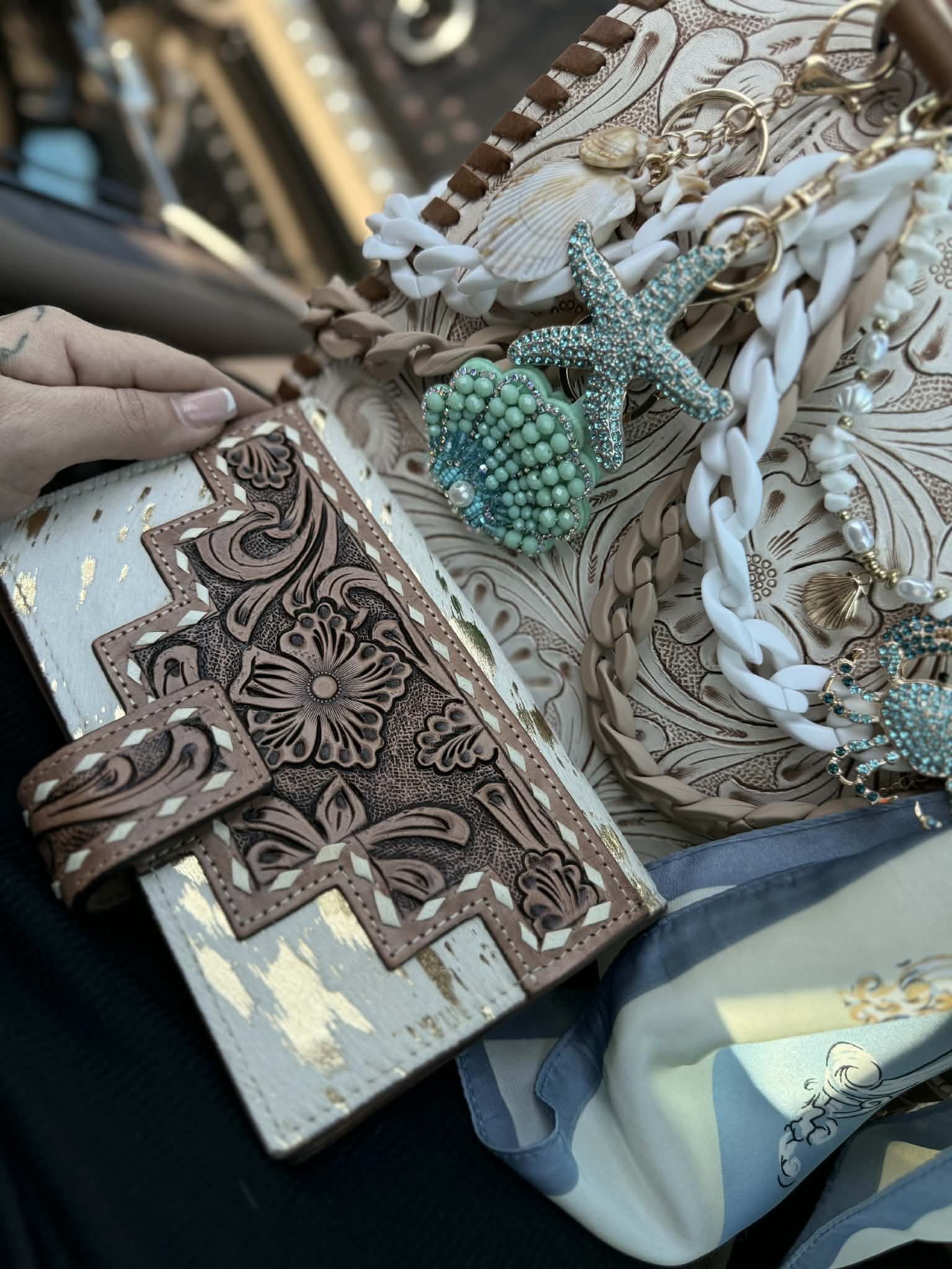 "Serenity by the Sea" - white tooled leather speedy (L)