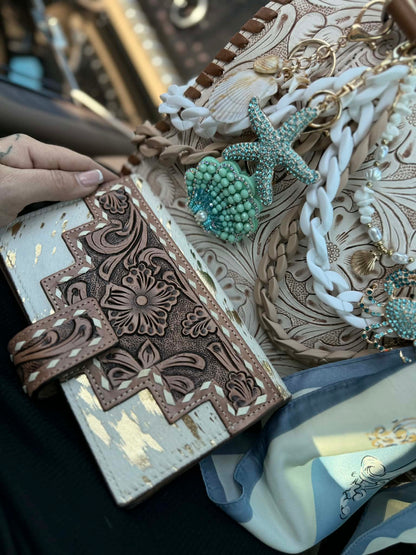 "Serenity by the Sea" - white tooled leather speedy (L)