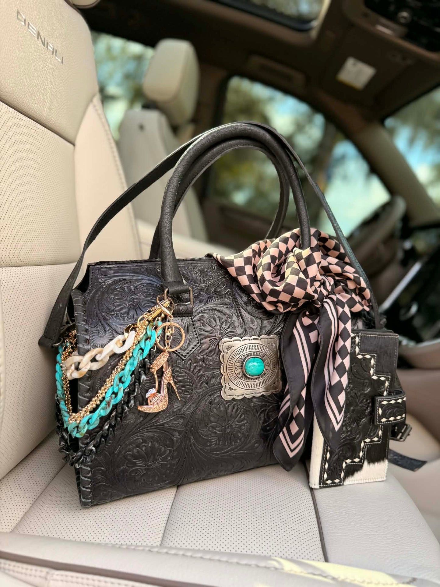 "Turquoise after Dark" - black tooled leather speedy duffle