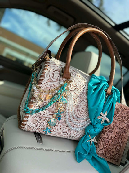 "Coastal Cowgirl"- white tooled leather speedy (L)