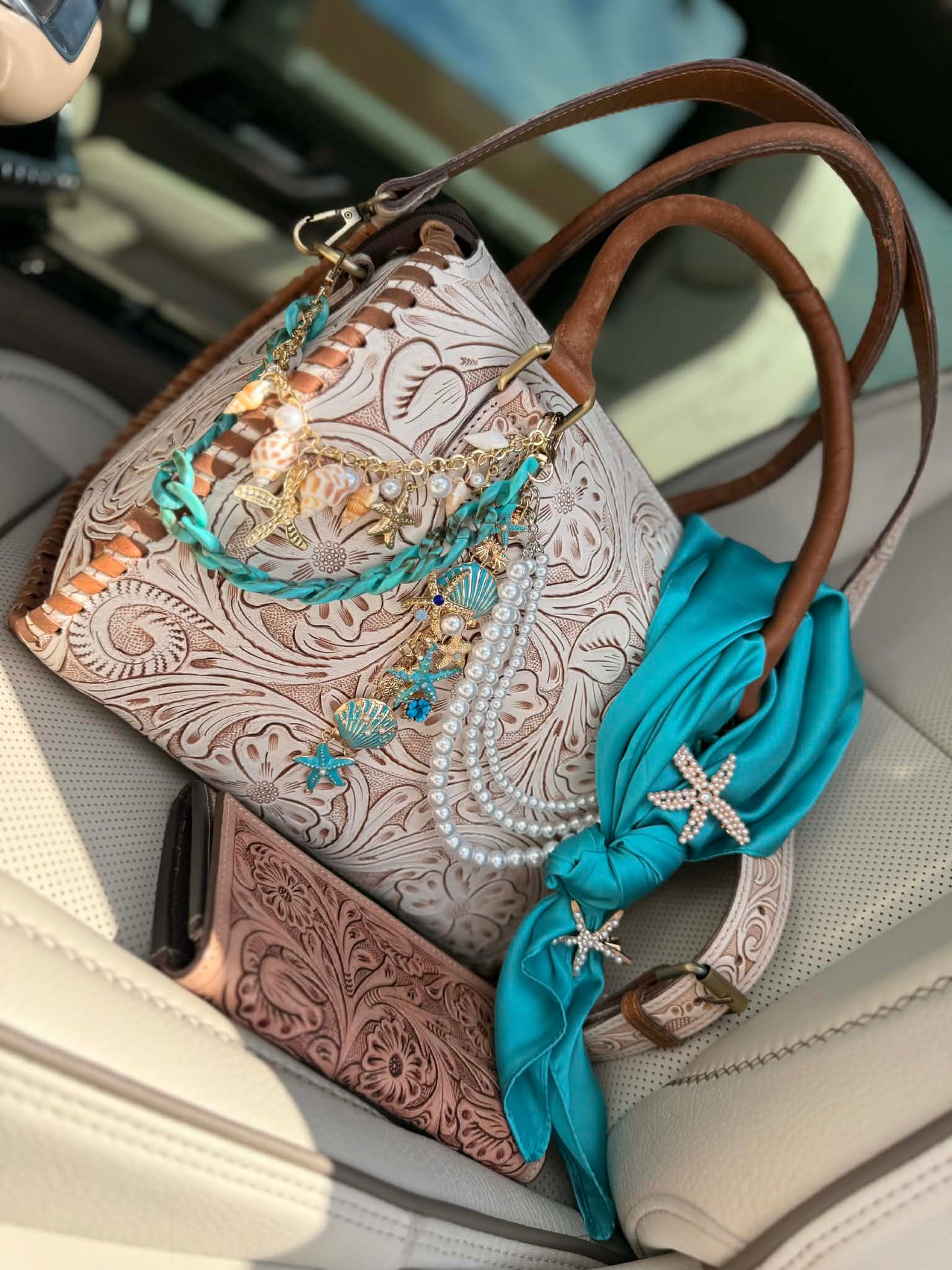 "Coastal Cowgirl"- white tooled leather speedy (L)