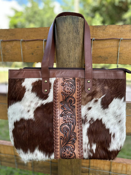 Tooled leather and cowhide totebag