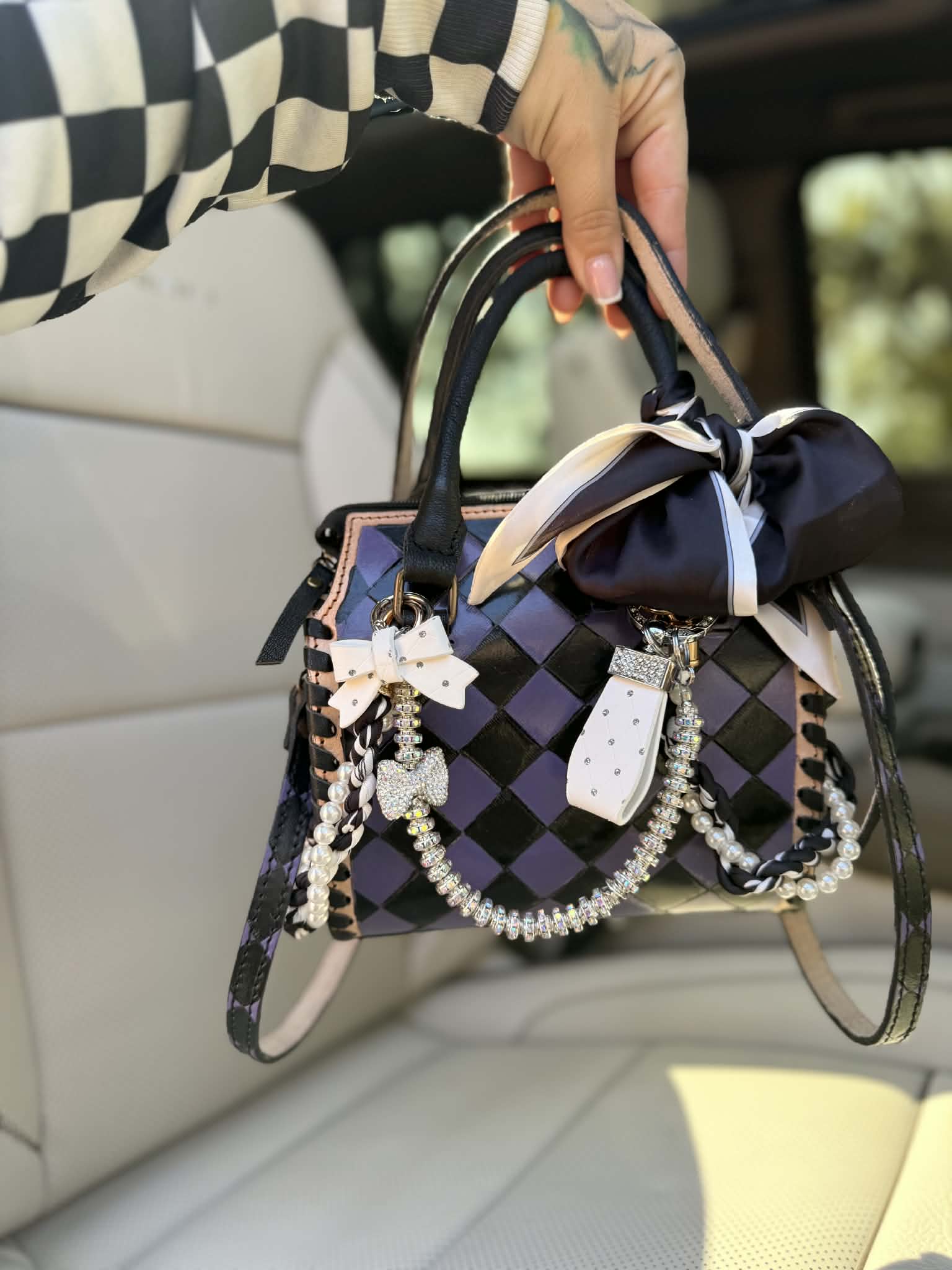 "Black Swan Society" - purple checker tooled leather speedy (mini)