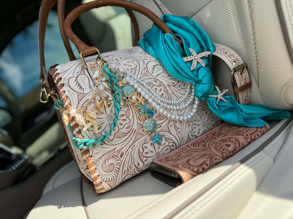 "Coastal Cowgirl"- white tooled leather speedy (L)