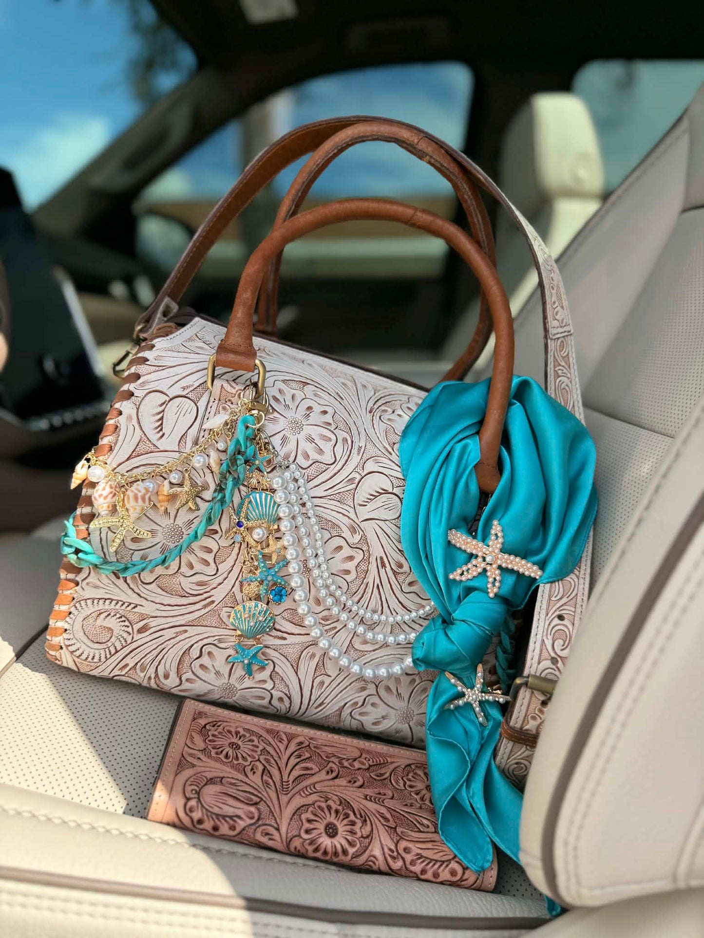 "Coastal Cowgirl"- white tooled leather speedy (L)