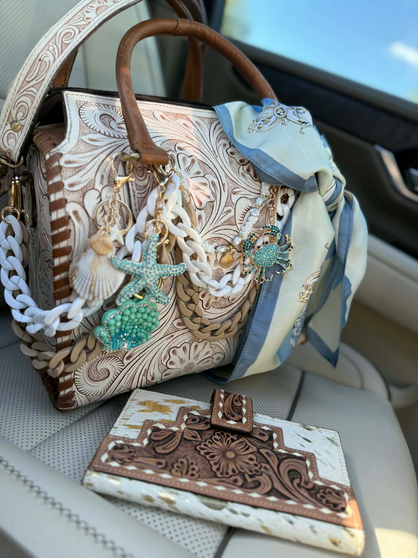 "Serenity by the Sea" - white tooled leather speedy (L)