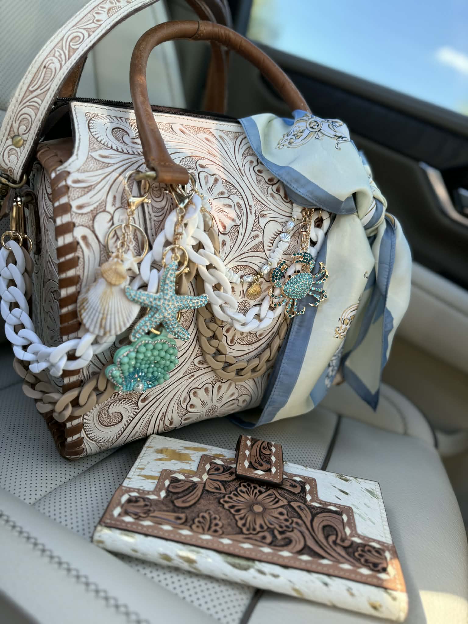 "Serenity by the Sea" - white tooled leather speedy (L)