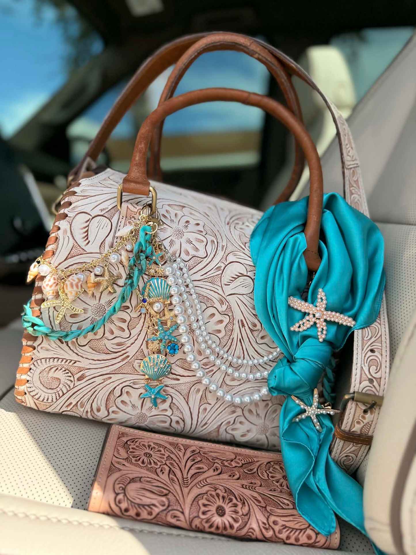 "Coastal Cowgirl"- white tooled leather speedy (L)