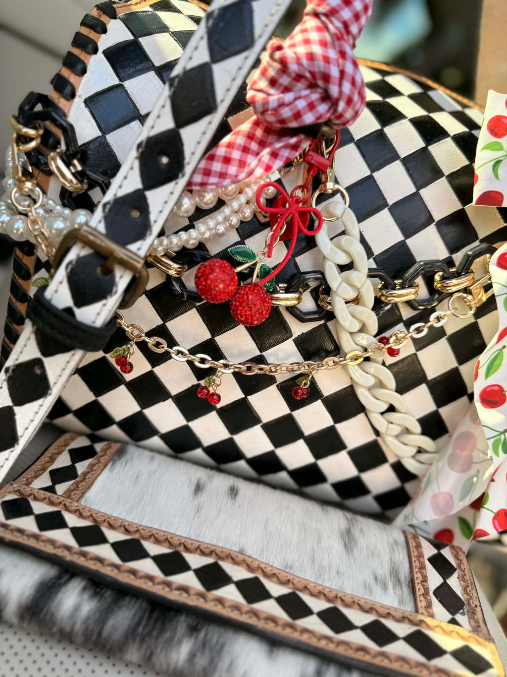 "Cherry Checkmate" - checker tooled leather speedy Duffle